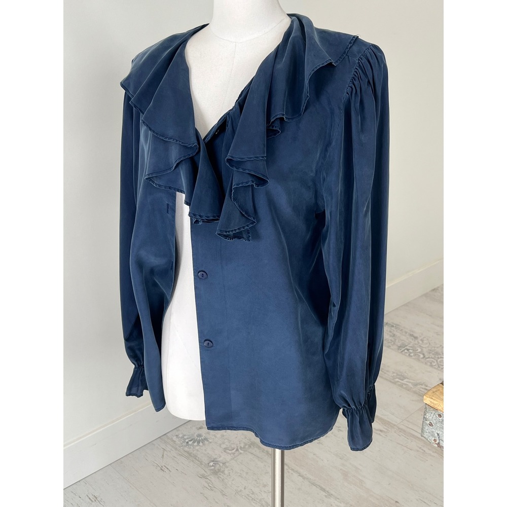 BEST American Clothing Co Navy Blue 100% Silk Ruffle Collar Blouse Medium